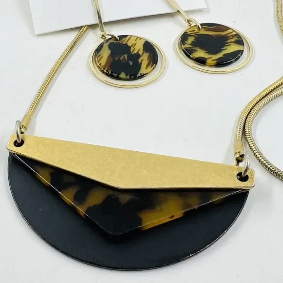 Madewell Gold Tone Faux Tortoise Pendant Necklace Nine West Faux Tort Earrings - Picture 7 of 8